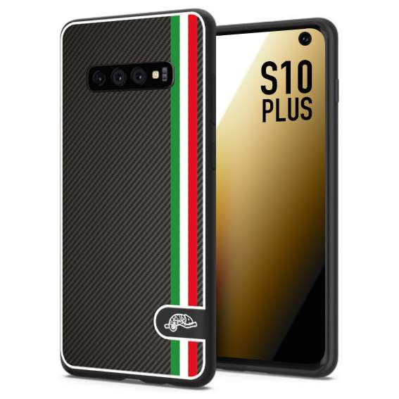 CUSTOMIZZA - Custodia cover nera morbida in tpu compatibile per Samsung S10 PLUS effetto fibra di carbonio bandiera Italia made in Italy