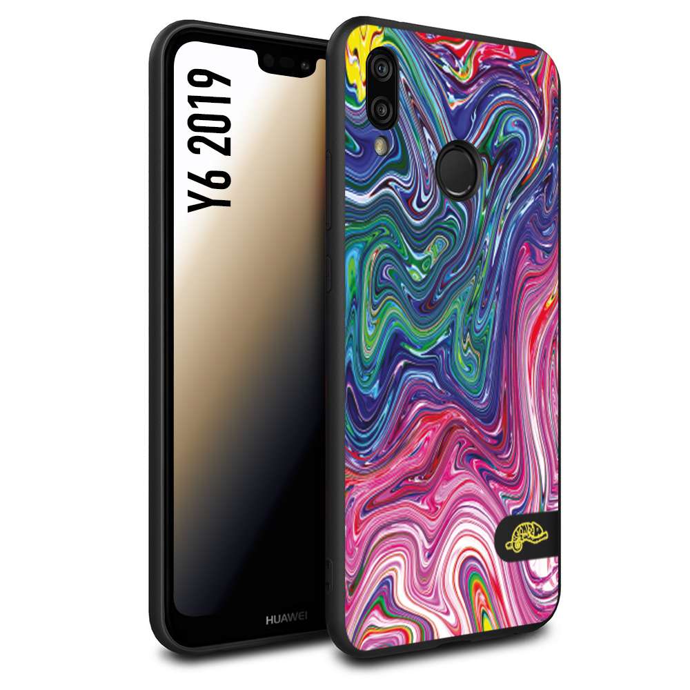 CUSTOMIZZA - Custodia cover nera morbida in tpu compatibile per Huawei Y6 2019 colorata fantasia vortice marmo arcobaleno rosa blu fucsia