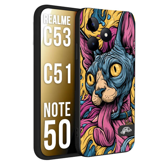 CUSTOMIZZA - Custodia cover nera morbida in tpu compatibile per Realme C53 - C51 - NOTE 50 Sphynx Colorato Pop Art Psichedelico Gatto Blu Rosa Giallo Artistica Fantasy