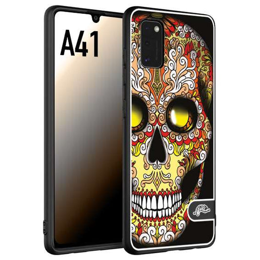 CUSTOMIZZA - Custodia cover nera morbida in tpu compatibile per Samsung A41 teschio messicano Mexican skull giallo rosso arancio