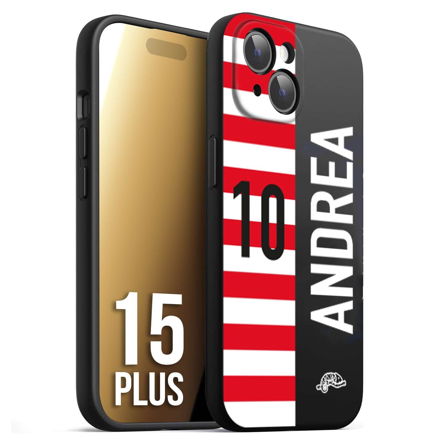 CUSTOMIZZA - Custodia cover nera morbida in tpu compatibile per iPhone 15 PLUS personalizzata calcio football nome e numero calciatori bianco rossa