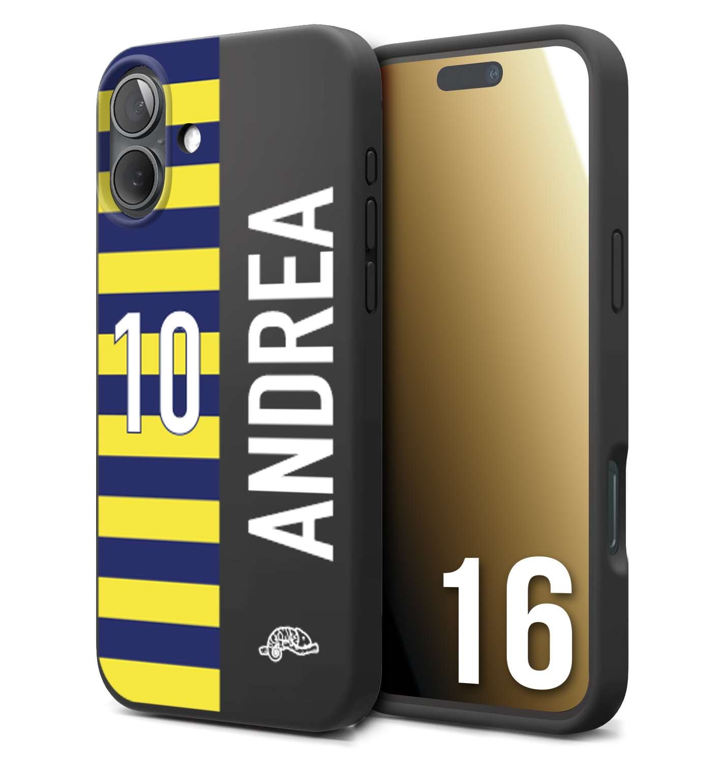 CUSTOMIZZA - Custodia cover nera morbida in tpu compatibile per iPhone 16 personalizzata calcio football nome e numero calciatori giallo blu