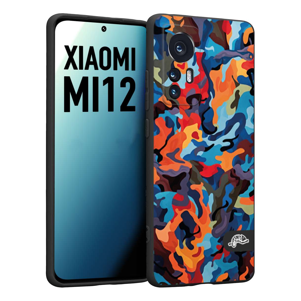 CUSTOMIZZA - Custodia cover nera morbida in tpu compatibile per Xiaomi 12 5G camouflage mimetico militare moderno blu arancio rosso