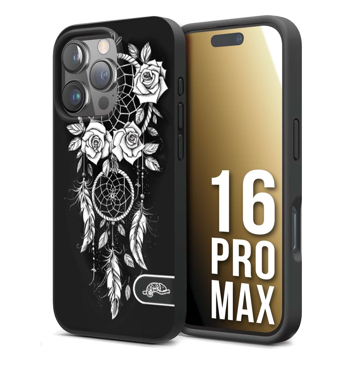 CUSTOMIZZA - Custodia cover nera morbida in tpu compatibile per iPhone 16 PRO MAX acchiappasogni dreamcatcher black and white bianco a rilievo disegnato tattoo tatuaggio