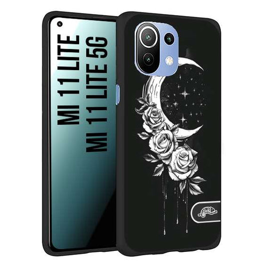 CUSTOMIZZA - Custodia cover nera morbida in tpu compatibile per Xiaomi Mi 11 Lite / Mi 11 Lite 5G luna e fiori moon flowers black and white bianco a rilievo disegnato