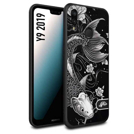 CUSTOMIZZA - Custodia cover nera morbida in tpu compatibile per Huawei Y9 2019 carpa koi black and white bianco a rilievo disegnato tattoo tatuaggio