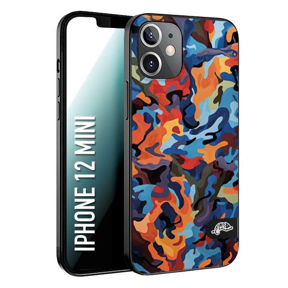 CUSTOMIZZA - Custodia cover nera morbida in tpu compatibile per iPhone 12 MINI camouflage mimetico militare moderno blu arancio rosso