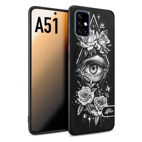 CUSTOMIZZA - Custodia cover nera morbida in tpu compatibile per Samsung A51 occhio fiori rombo geometrico black and white bianco a rilievo disegnato tattoo tatuaggio