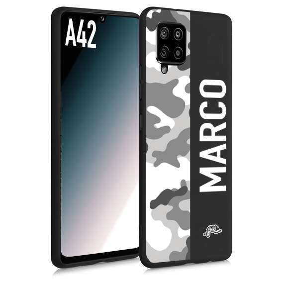 CUSTOMIZZA - Custodia cover nera morbida in tpu compatibile per Samsung A42 camouflage mimetico militare personalizzata nome bianco