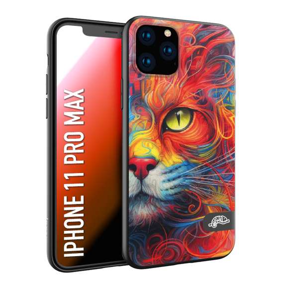 CUSTOMIZZA - Custodia cover nera morbida in tpu compatibile per iPhone 11 PRO MAX animali color cat gatto viso colori vibranti disegnato schizzo