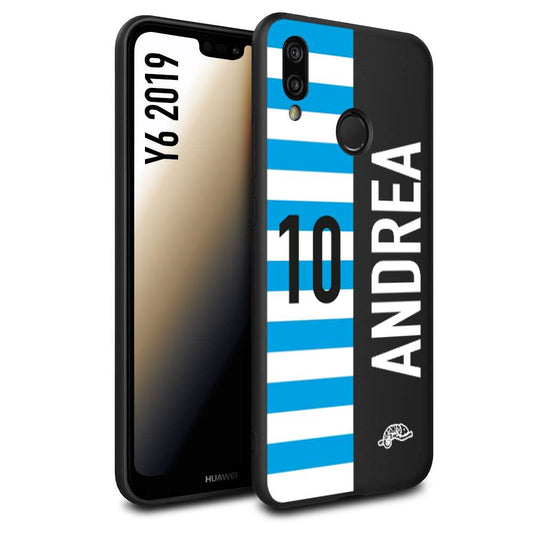 CUSTOMIZZA - Custodia cover nera morbida in tpu compatibile per Huawei Y6 2019 personalizzata calcio football nome e numero calciatori biancazzurri