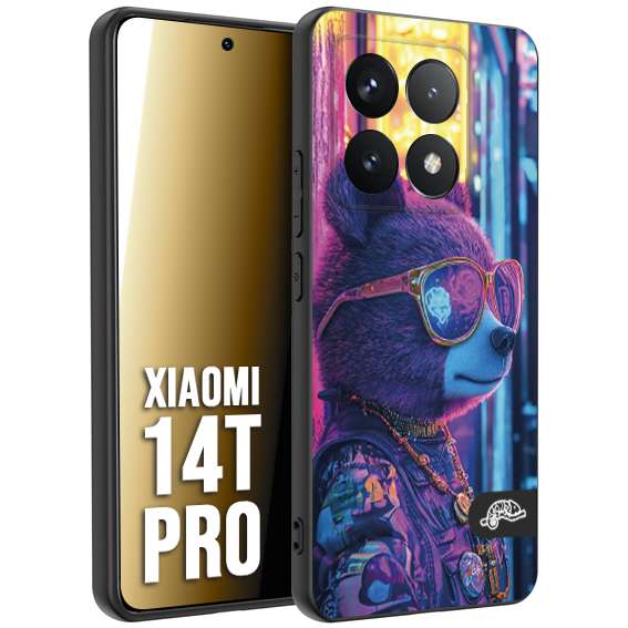 CUSTOMIZZA - Custodia cover nera morbida in tpu compatibile per Xiaomi 14T PRO animali cyberpunk orsetto orso street bear fucsia blu night