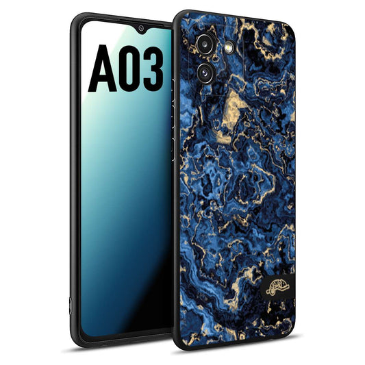 CUSTOMIZZA - Custodia cover nera morbida in tpu compatibile per Samsung A03 effetto marmo marble blu venature dorato psichedelico