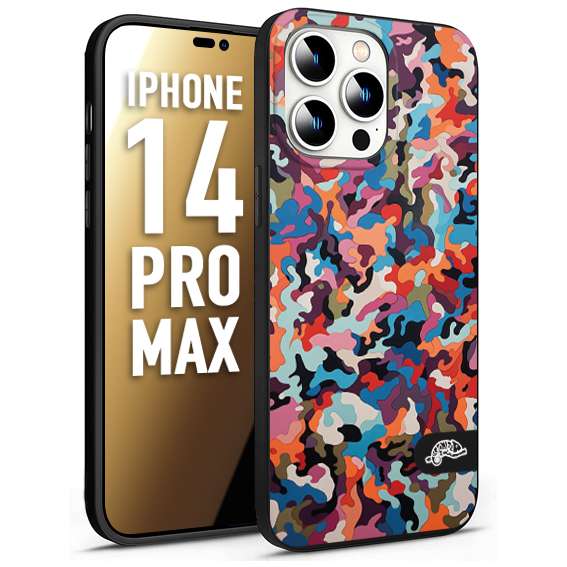 CUSTOMIZZA - Custodia cover nera morbida in tpu compatibile per iPhone 14 PRO MAX camouflage mimetico militare moderno blu arancio rosa