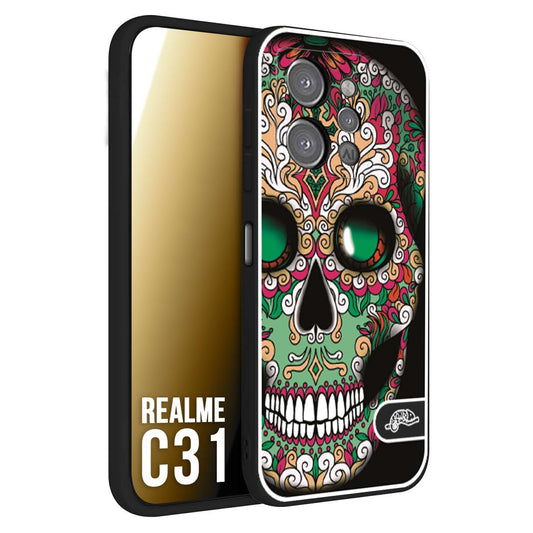 CUSTOMIZZA - Custodia cover nera morbida in tpu compatibile per Realme C31 teschio messicano Mexican skull verde fucsia