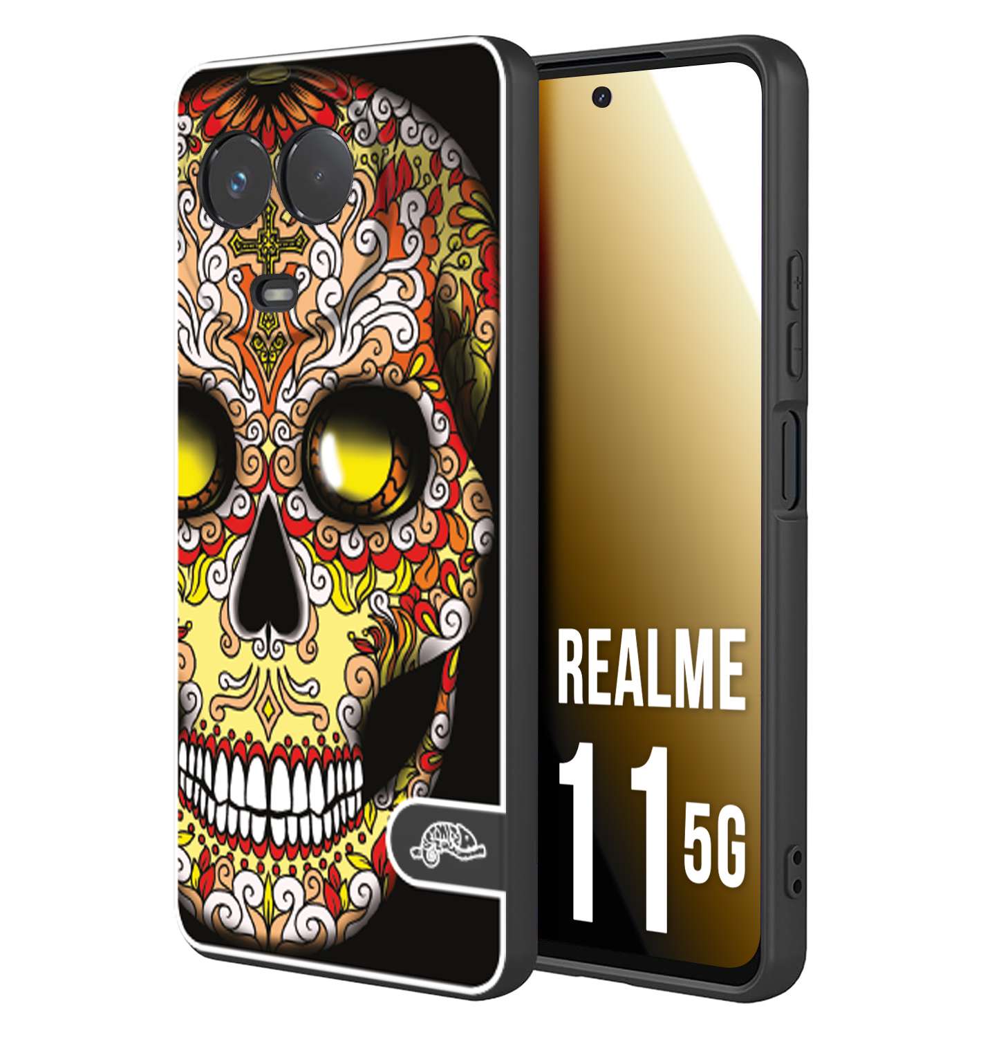 CUSTOMIZZA - Custodia cover nera morbida in tpu compatibile per Oppo Realme 11 5G teschio messicano Mexican skull giallo rosso arancio