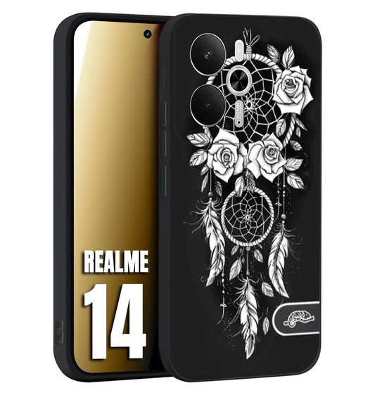 CUSTOMIZZA - Custodia cover nera morbida in tpu compatibile per Realme 14 5G acchiappasogni dreamcatcher black and white bianco a rilievo disegnato tattoo tatuaggio