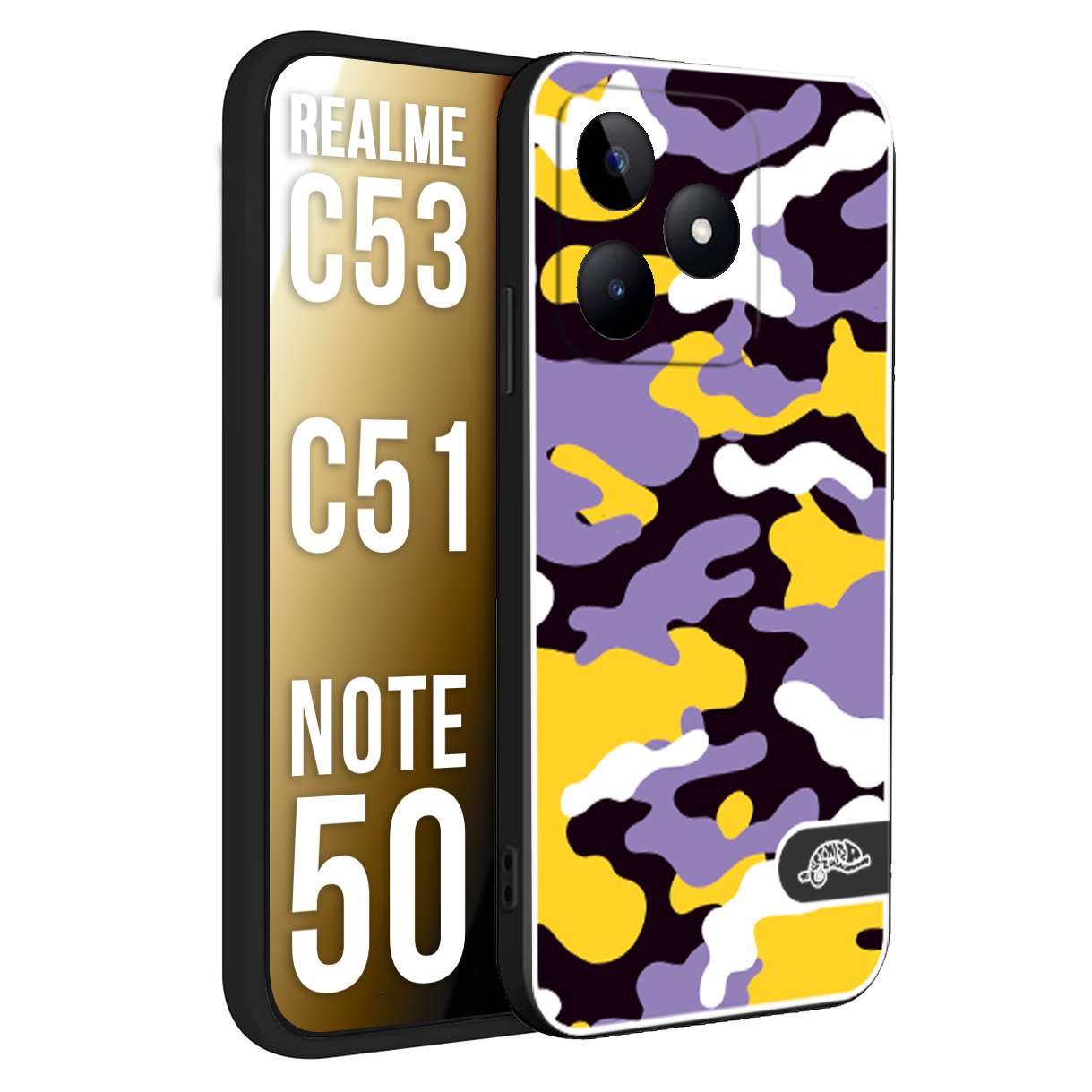 CUSTOMIZZA - Custodia cover nera morbida in tpu compatibile per Oppo Realme C53 - C51 - NOTE 50 camouflage mimetico militare viola lilla giallo