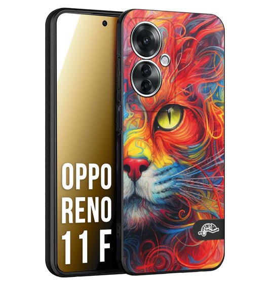 CUSTOMIZZA - Custodia cover nera morbida in tpu compatibile per Oppo Reno 11 F 5G animali color cat gatto viso colori vibranti disegnato schizzo