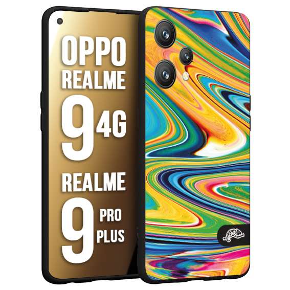 CUSTOMIZZA - Custodia cover nera morbida in tpu compatibile per Oppo Realme 9 4G - 9 PRO PLUS colorata fantasia vortice marmo arcobaleno gialla verde blu
