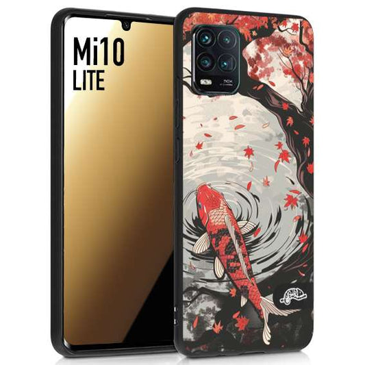 CUSTOMIZZA - Custodia cover nera morbida in tpu compatibile per Xiaomi Mi 10 LITE giapponese lago carpa koi rossa con foglie d'acero rosso disegnata tattoo