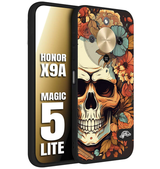 CUSTOMIZZA - Custodia cover nera morbida in tpu compatibile per Honor X9A - Honor Magic 5 Lite teschio skull flowers fiori autunnali arancio celeste tattoo