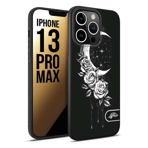 CUSTOMIZZA - Custodia cover nera morbida in tpu compatibile per iPhone 13 PRO MAX luna e fiori moon flowers black and white bianco a rilievo disegnato tattoo tatuaggio