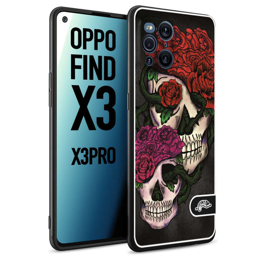 CUSTOMIZZA - Custodia cover nera morbida in tpu compatibile per Oppo Find X3 - Find X3 Pro 5G teschi e rose rosse fucsia skull and roses