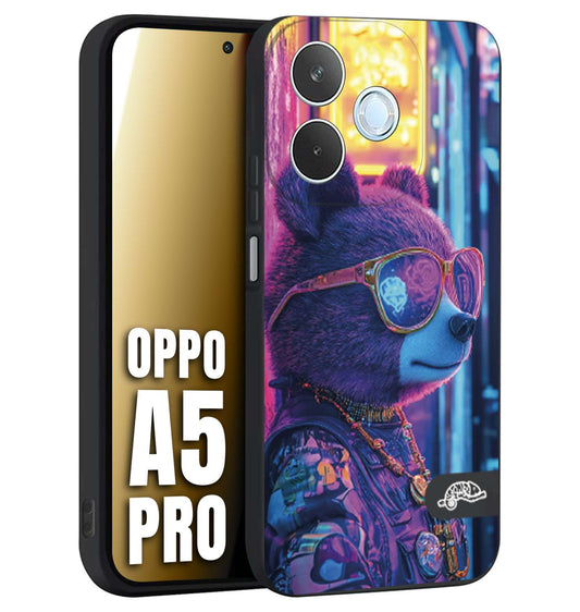 CUSTOMIZZA - Custodia cover nera morbida in tpu compatibile per Oppo A5 PRO animali cyberpunk orsetto orso street bear fucsia blu night