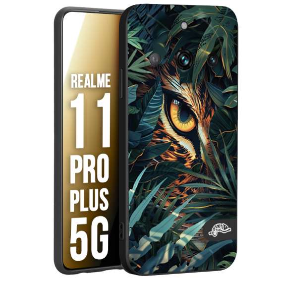 CUSTOMIZZA - Custodia cover nera morbida in tpu compatibile per Realme 11 PRO PLUS 5G animali color giungla tropicale occhio di giaguaro felino disegnato
