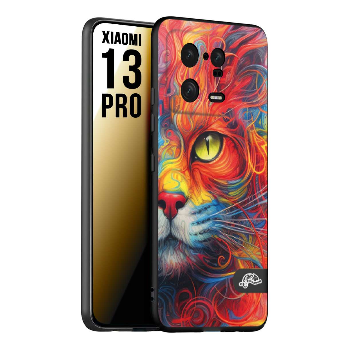 CUSTOMIZZA - Custodia cover nera morbida in tpu compatibile per Xiaomi 13 PRO animali color cat gatto viso colori vibranti disegnato schizzo