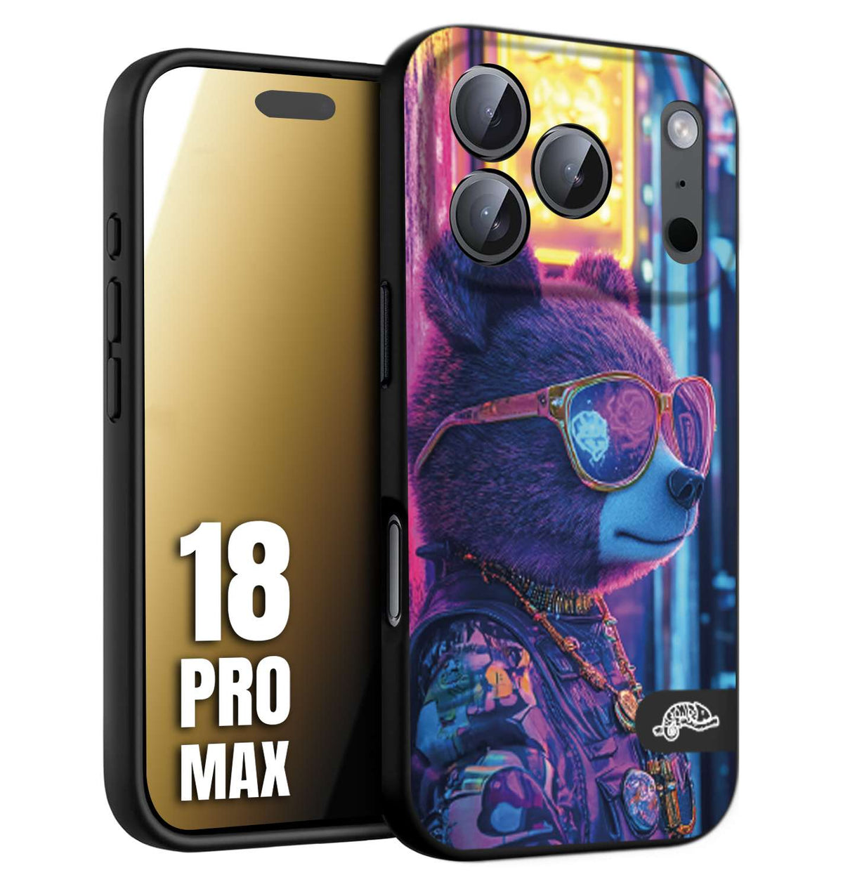 CUSTOMIZZA - Custodia cover nera morbida in tpu compatibile per iPhone 18 PRO MAX animali cyberpunk orsetto orso street bear fucsia blu night