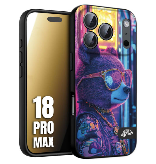 CUSTOMIZZA - Custodia cover nera morbida in tpu compatibile per iPhone 18 PRO MAX animali cyberpunk orsetto orso street bear fucsia blu night