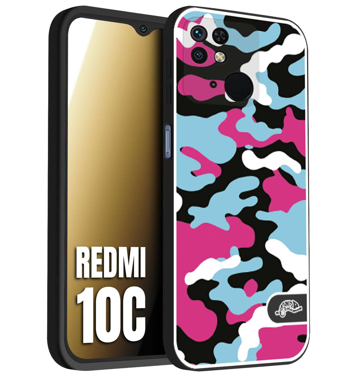 CUSTOMIZZA - Custodia cover nera morbida in tpu compatibile per Xiaomi Redmi 10C camouflage mimetico militare fucsia celeste