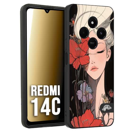 CUSTOMIZZA - Custodia cover nera morbida in tpu compatibile per Xiaomi Redmi 14C woman flower Fantasia Floreale Design Donna e Fiori, Retro Artistico