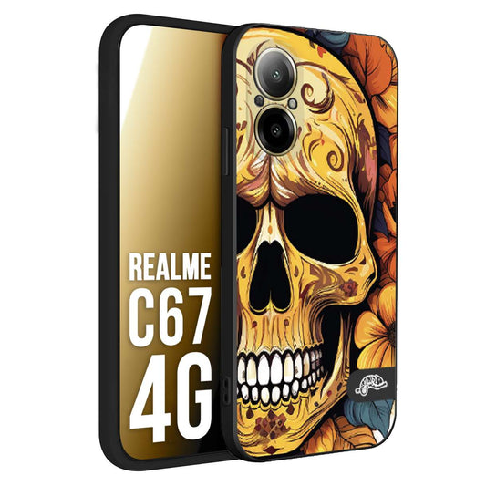 CUSTOMIZZA - Custodia cover nera morbida in tpu compatibile per Realme C67 4G teschio messicano colorato dorato fiori autunnali disegnato
