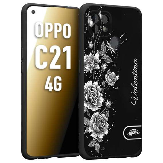 CUSTOMIZZA - Custodia cover nera morbida in tpu compatibile per Oppo Realme C21 4G a rilievo soft touch personalizzata nome rose fiori donna