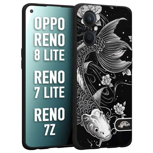 CUSTOMIZZA - Custodia cover nera morbida in tpu compatibile per Oppo Reno 7 Lite - 8 Lite - 7Z carpa koi black and white bianco a rilievo disegnato tattoo tatuaggio