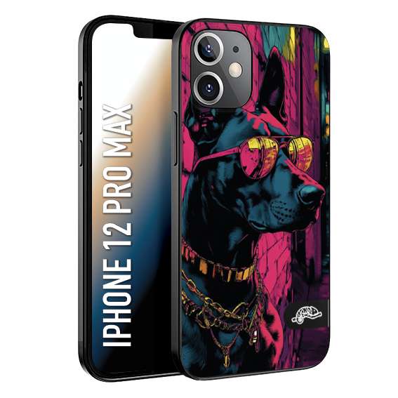 CUSTOMIZZA - Custodia cover nera morbida in tpu compatibile per iPhone 12 PRO MAX animali cyberpunk dobermann cane street dog fucsia blu