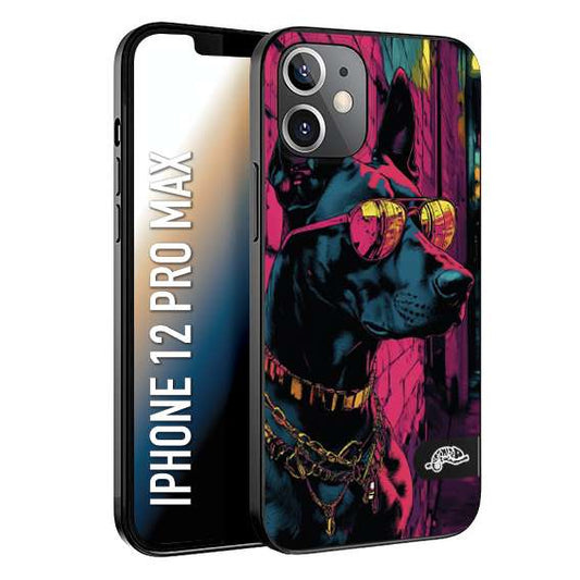 CUSTOMIZZA - Custodia cover nera morbida in tpu compatibile per iPhone 12 PRO MAX animali cyberpunk dobermann cane street dog fucsia blu