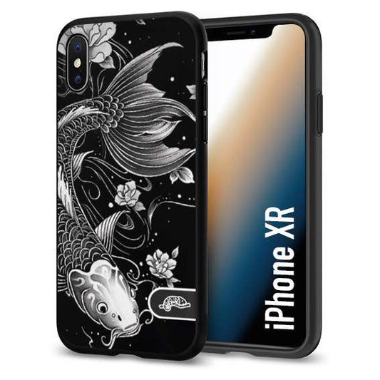 CUSTOMIZZA - Custodia cover nera morbida in tpu compatibile per iPhone Xr carpa koi black and white bianco a rilievo disegnato tattoo tatuaggio