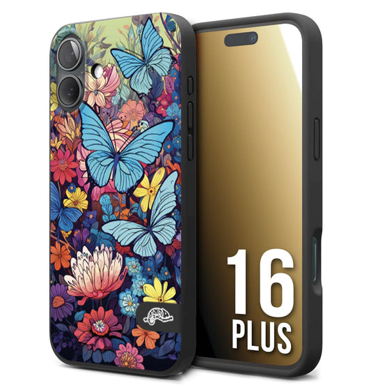 CUSTOMIZZA - Custodia cover nera morbida in tpu compatibile per iPhone 16 PLUS farfalle butterfly moderno donna disegnate gialla blu rosa