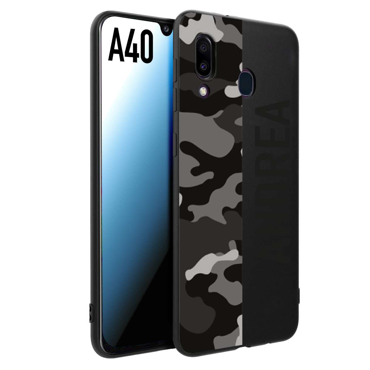 CUSTOMIZZA - Custodia cover nera morbida in tpu compatibile per Samsung A40 camouflage mimetico militare personalizzata nome