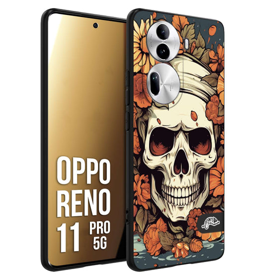 CUSTOMIZZA - Custodia cover nera morbida in tpu compatibile per Oppo Reno 11 PRO 5G teschio skull flowers fiori tattoo disegnato alta definizione