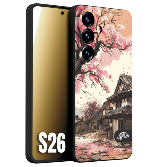 CUSTOMIZZA - Custodia cover nera morbida in tpu compatibile per Samsung S26 casa giapponese rosa ciliegio in fiore disegnata tattoo