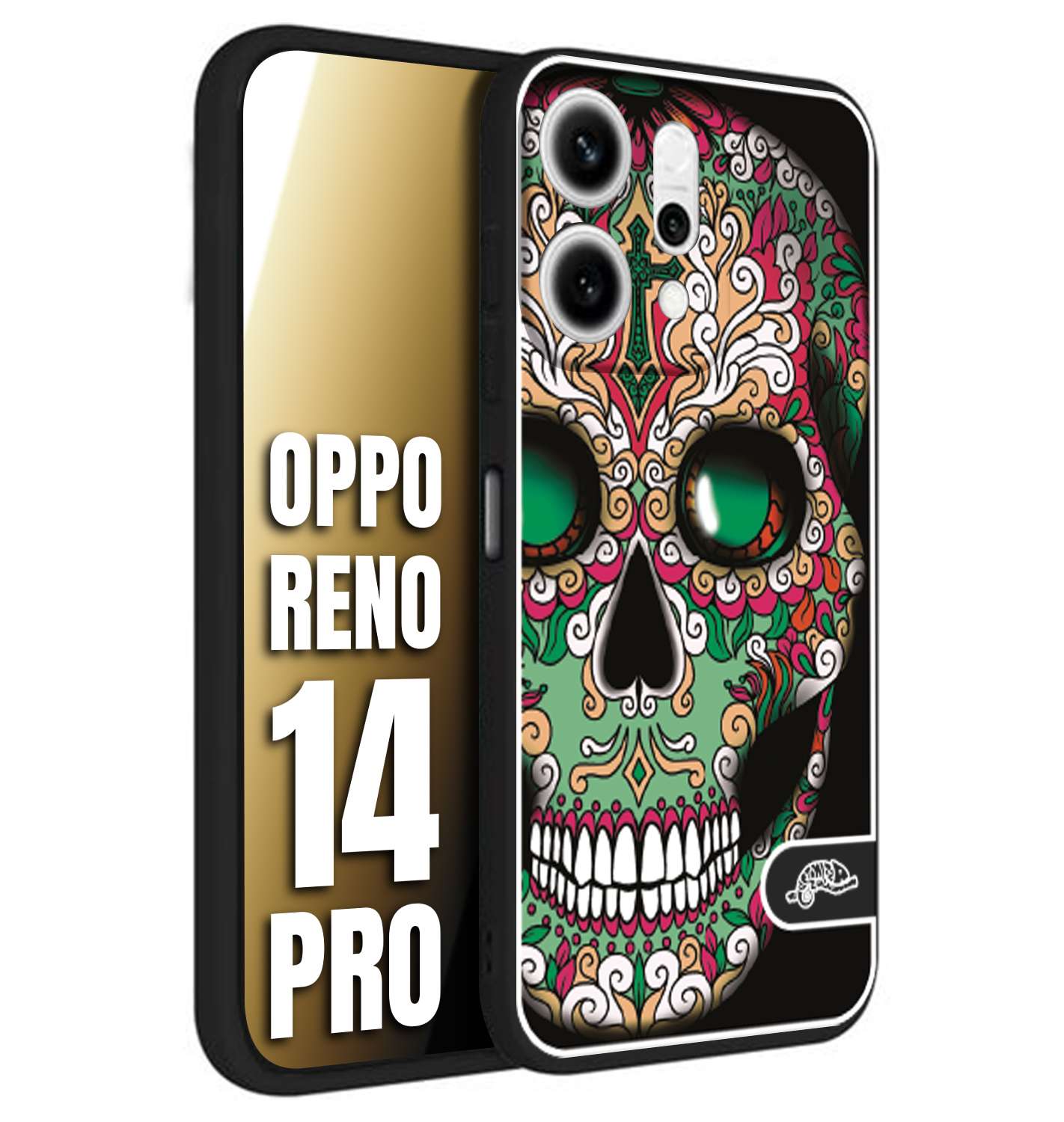 CUSTOMIZZA - Custodia cover nera morbida in tpu compatibile per Oppo Reno 14 PRO teschio messicano Mexican skull verde fucsia