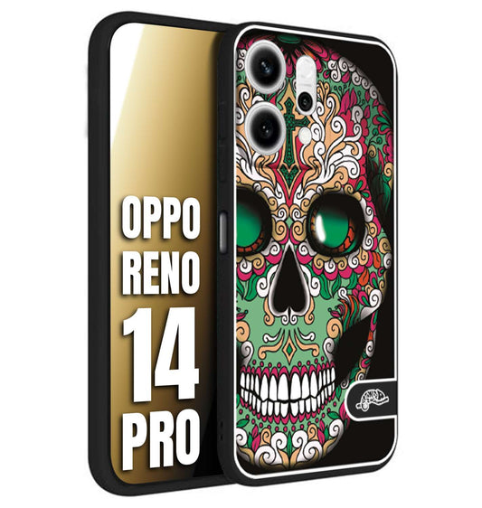 CUSTOMIZZA - Custodia cover nera morbida in tpu compatibile per Oppo Reno 14 PRO teschio messicano Mexican skull verde fucsia