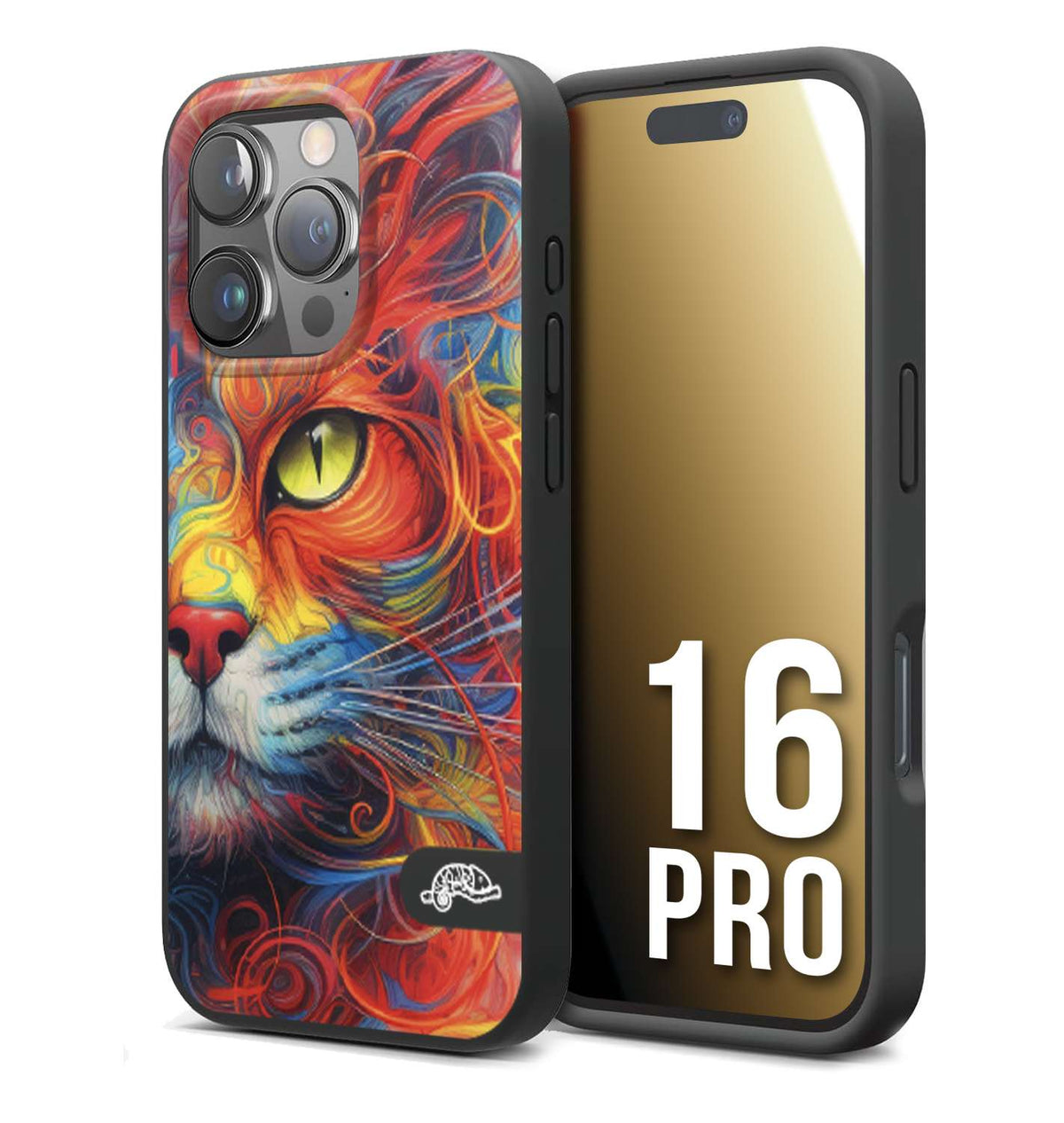 CUSTOMIZZA - Custodia cover nera morbida in tpu compatibile per iPhone 16 PRO animali color cat gatto viso colori vibranti disegnato schizzo
