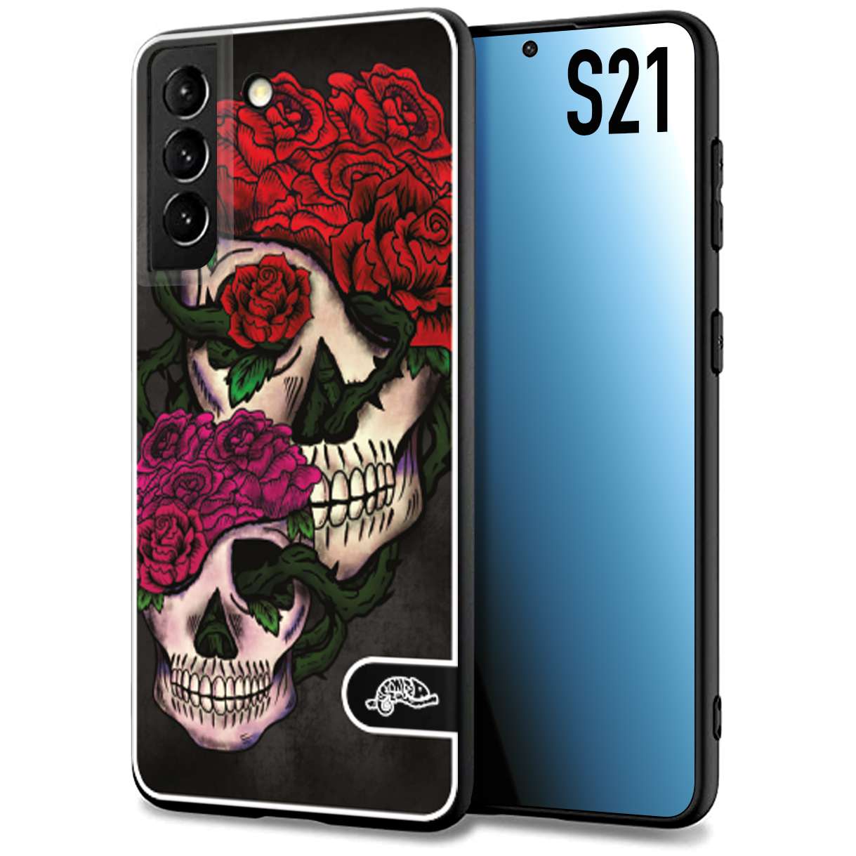 CUSTOMIZZA - Custodia cover nera morbida in tpu compatibile per Samsung S21 teschi e rose rosse fucsia skull and roses