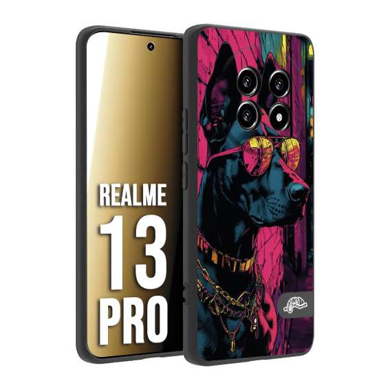 CUSTOMIZZA - Custodia cover nera morbida in tpu compatibile per Realme 13 PRO animali cyberpunk dobermann cane street dog fucsia blu